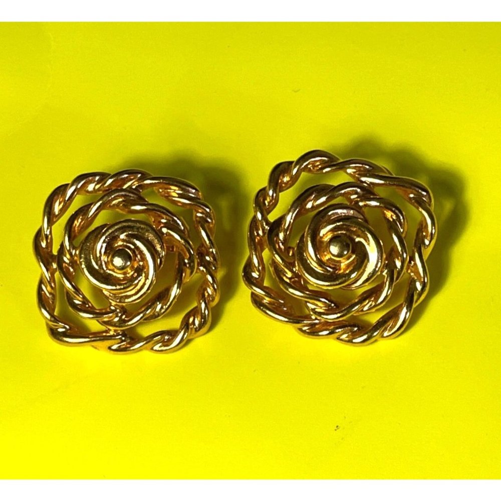 Vintage Golden Colored Roses and Vines Geometric 80's Style Clip Earrings